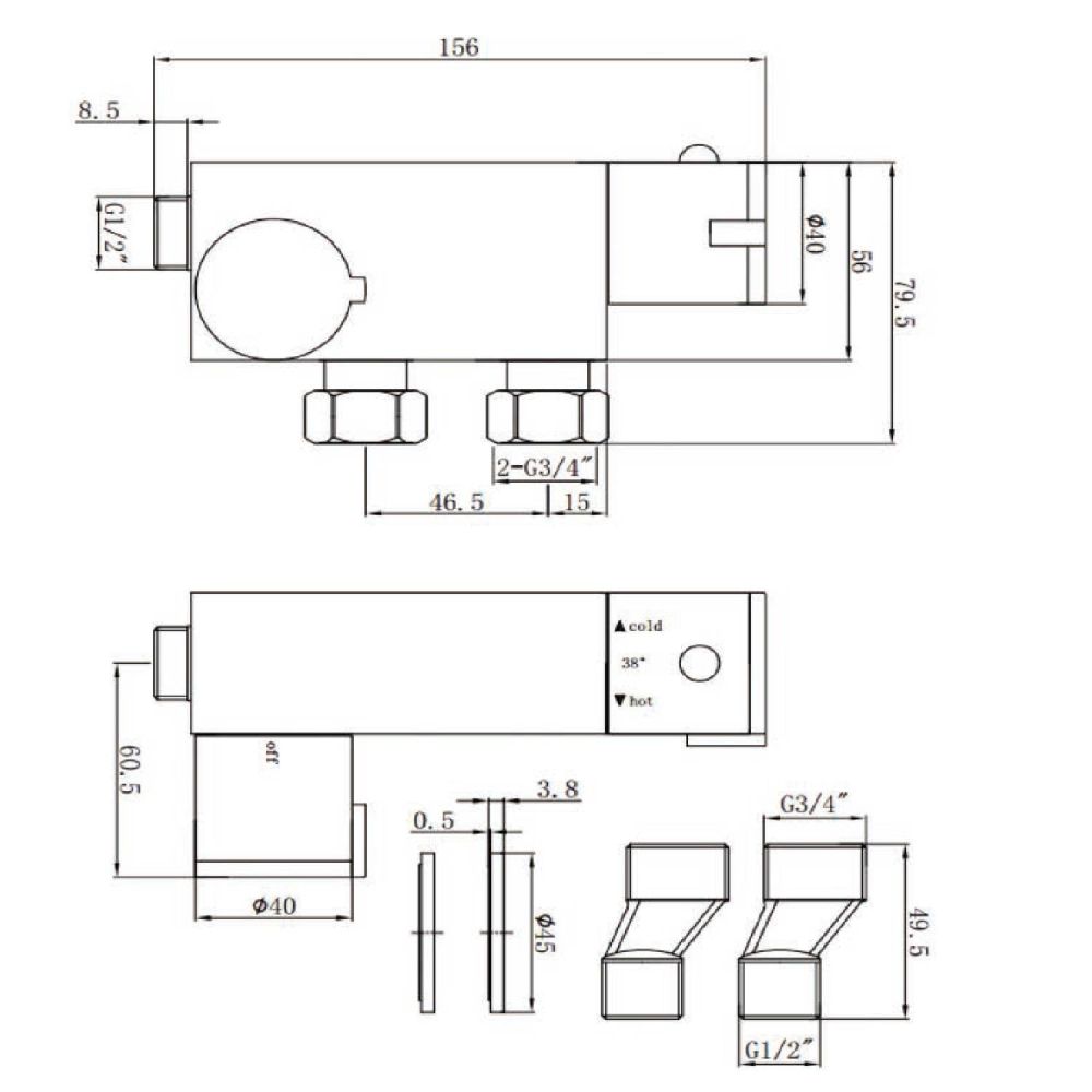 Brushed Gold Douche Thermostatic Mixer Valve dimensions