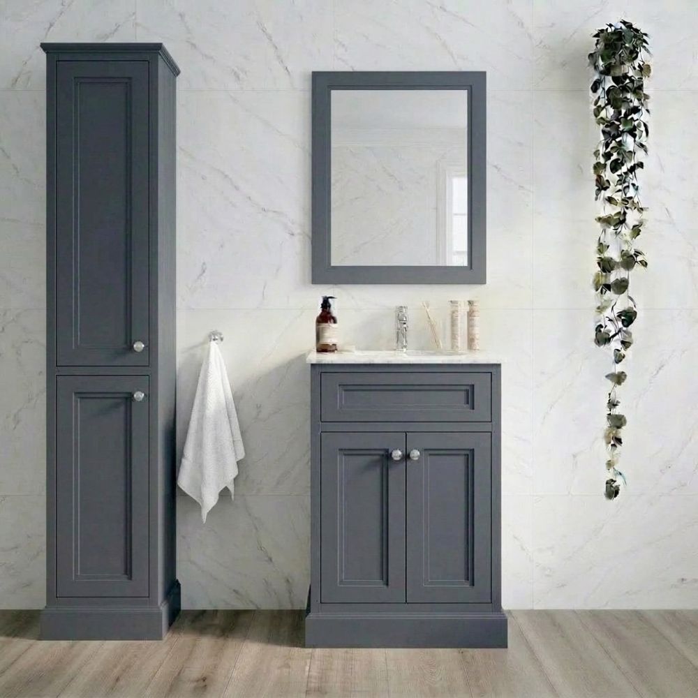 white marble bathroom traditionally styled featuring the Richmond Midnight Grey Floor Standing Traditional Vanity Unit with White Marble Top 600mm