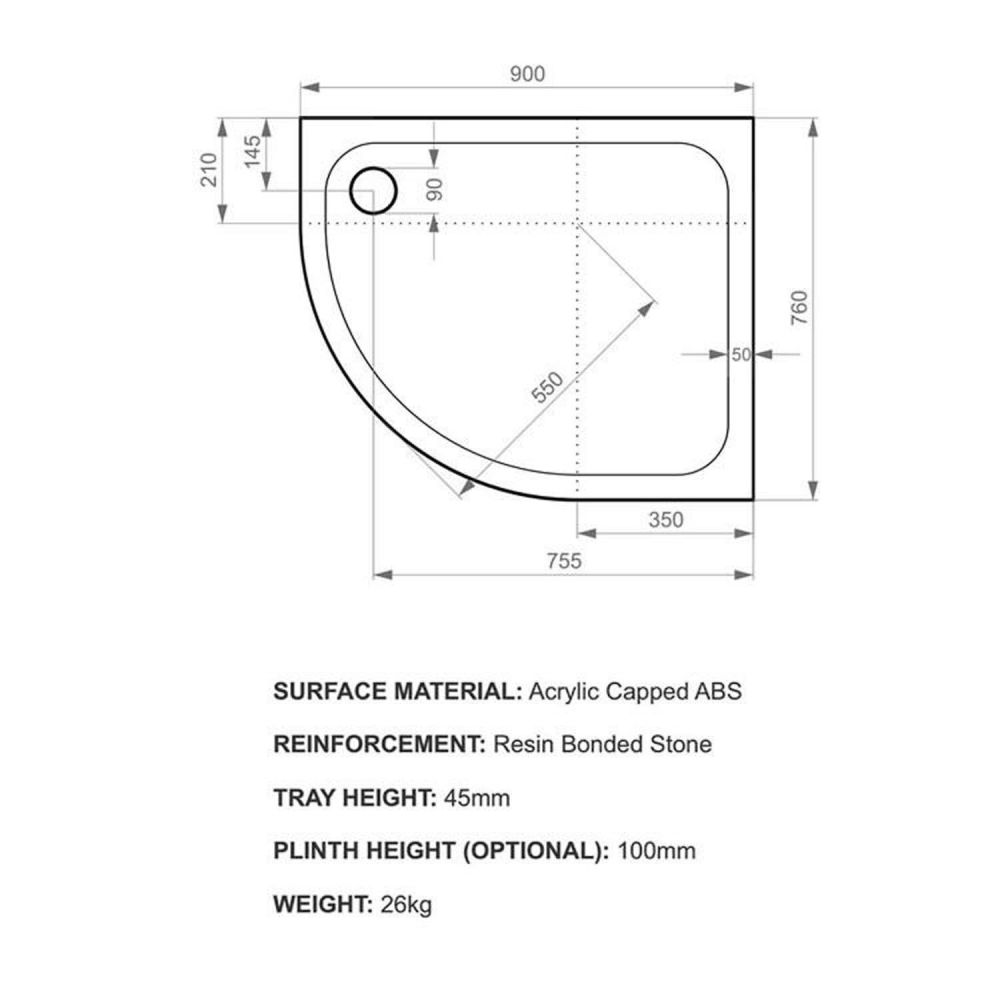 Kstone Right Hand Offset Quadrant Shower Tray 900x760mm KSQ9076RH Spec Drawing