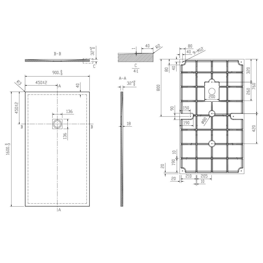 Peoria Rectangle Shower Tray 1600x900mm Spec Drawing