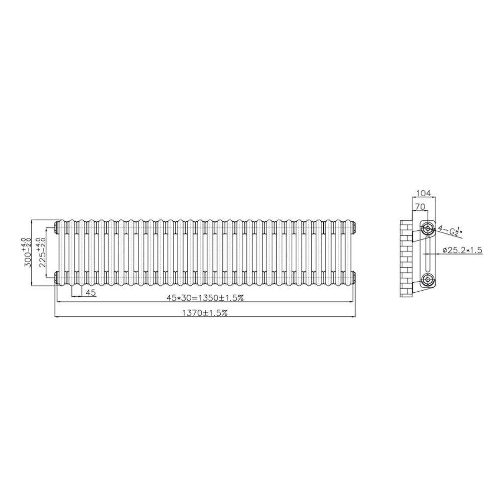 Clement Double Horizontal Column Radiator 300x1370mm Technical Drawing