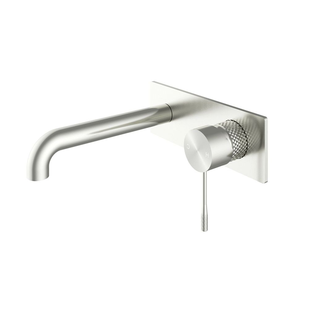 Moray Brushed Nickel wall mounted basin tap featuring a textured knurled detailing