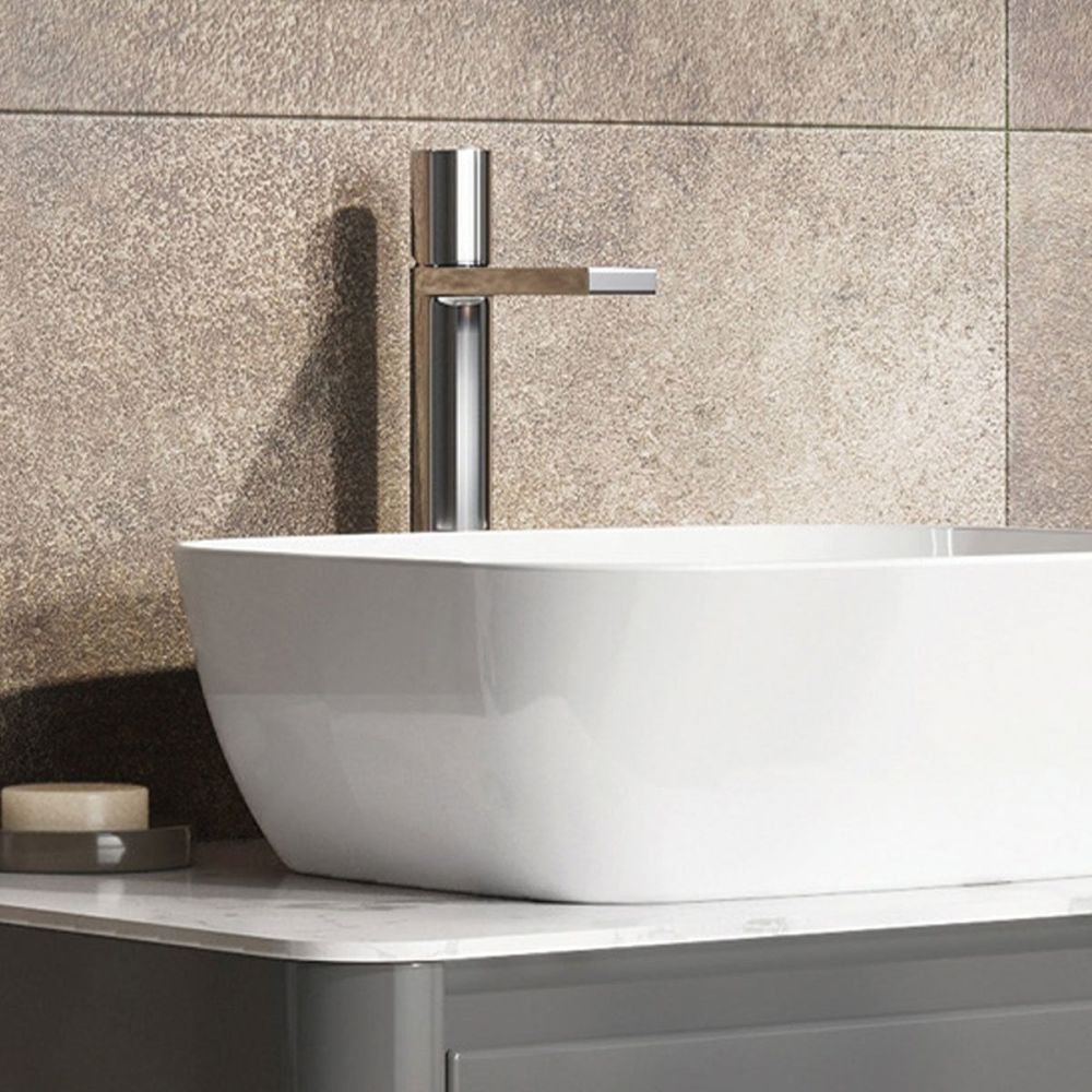 Lifestyle image in a warm setting showing the Pancho Chrome Tall Basin Mixer Tap