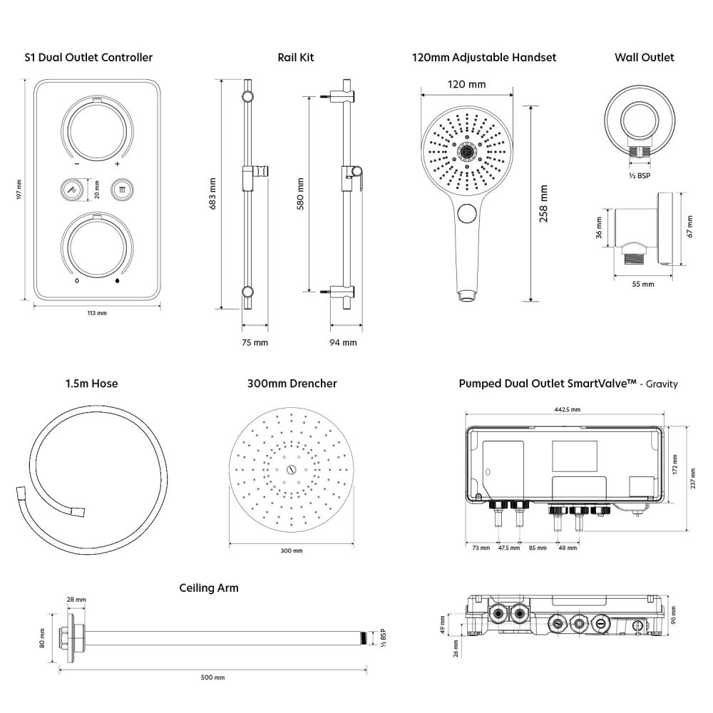 Aqualisa S1 Matt Black Smart Digital Shower Dual Outlet (Slide Rail Kit with Fixed Ceiling Head) HP/Combi