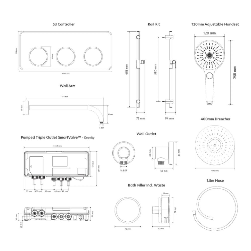 Aqualisa S3 Chrome Smart Digital Shower Triple Outlet (Slide Rail Kit with Fixed Wall Head) HP/Combi dimensions