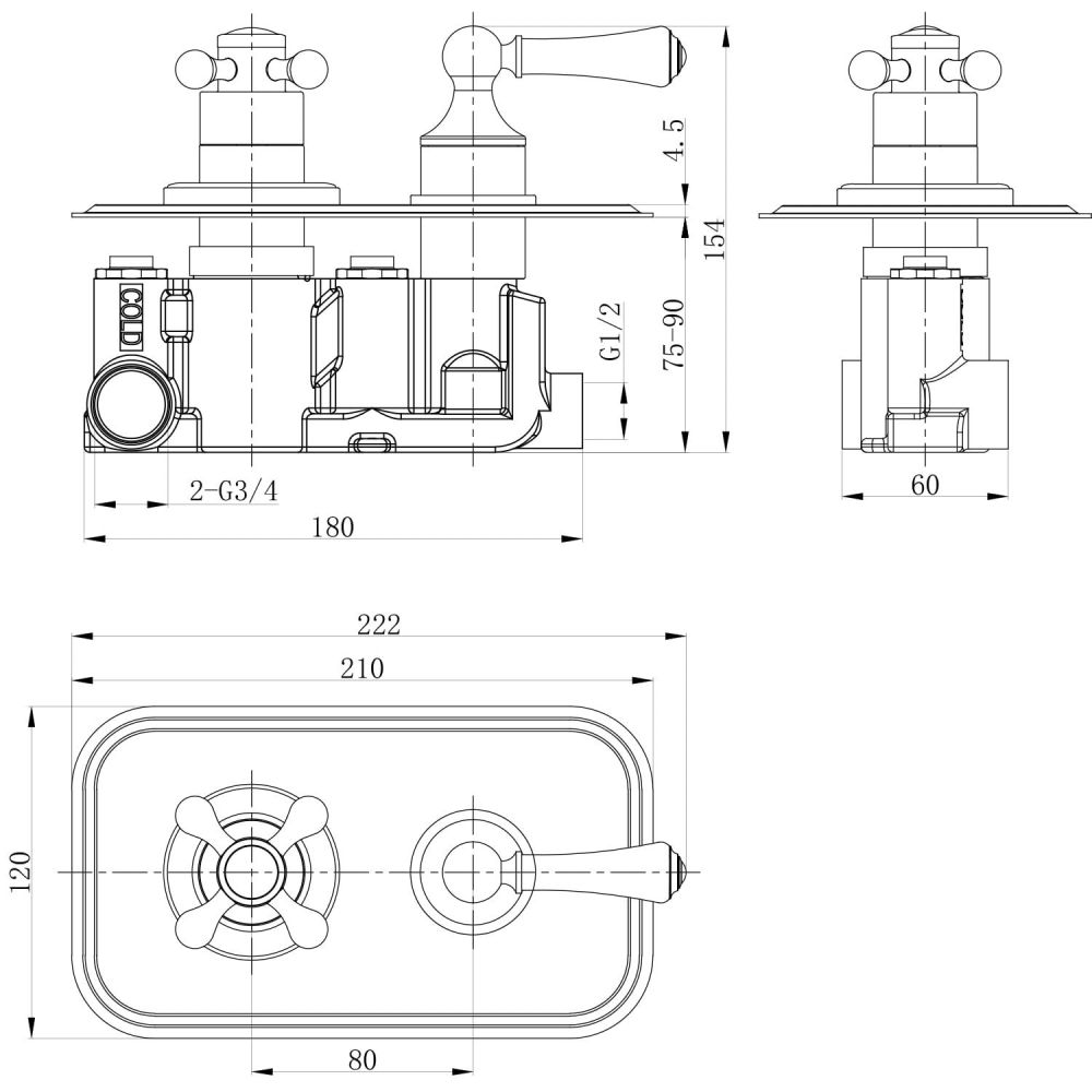 Warwick Traditional Twin Concealed Thermostatic Shower valve Single outlet - Brushed Gold Specification