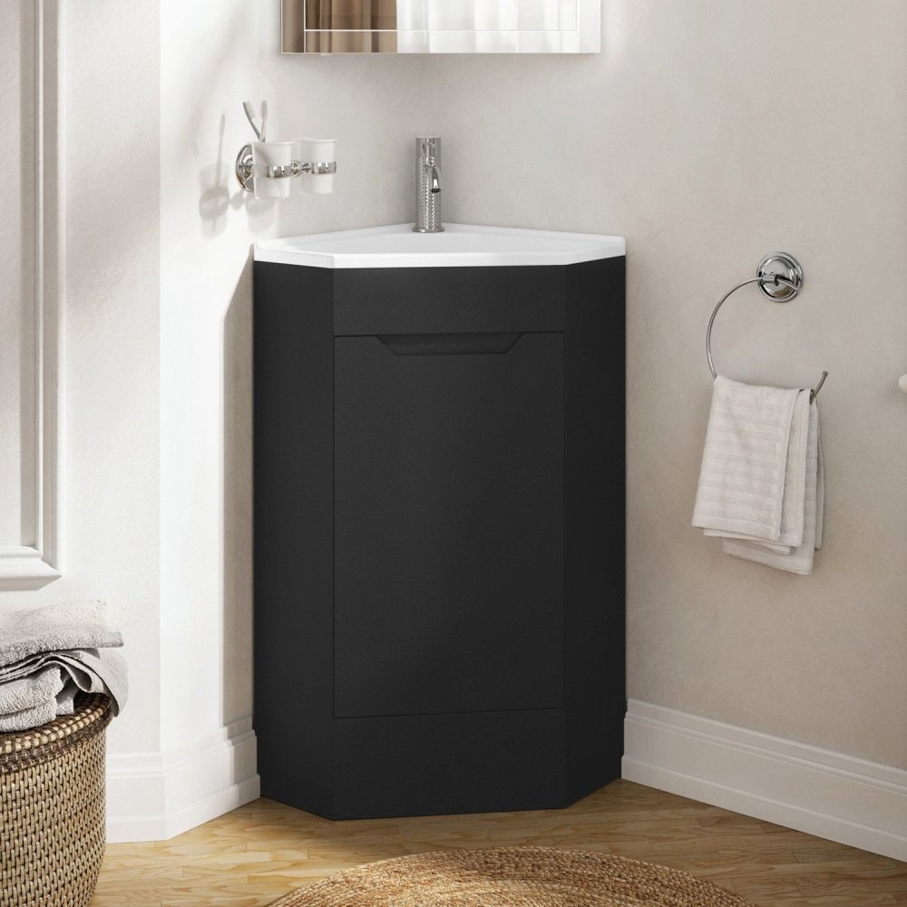 Clean roomset showcasing the Ellis Black Floor Standing Corner Vanity Unit 410mm