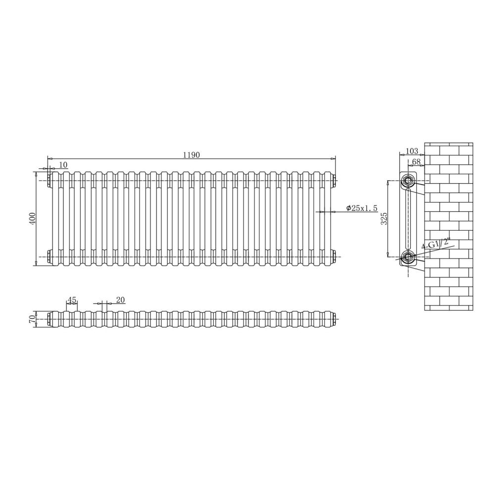 Upton White Double Horizontal Column Radiator 400x1190mm