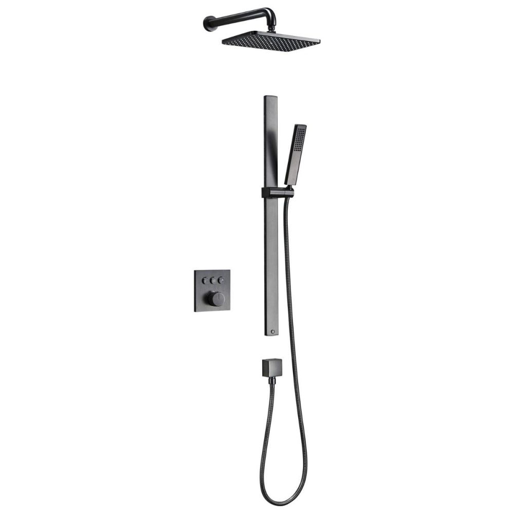 Baylin Gunmetal Square Triple Outlet with Slide Rail Kit, Shower Head, Arm & Bath Overflow