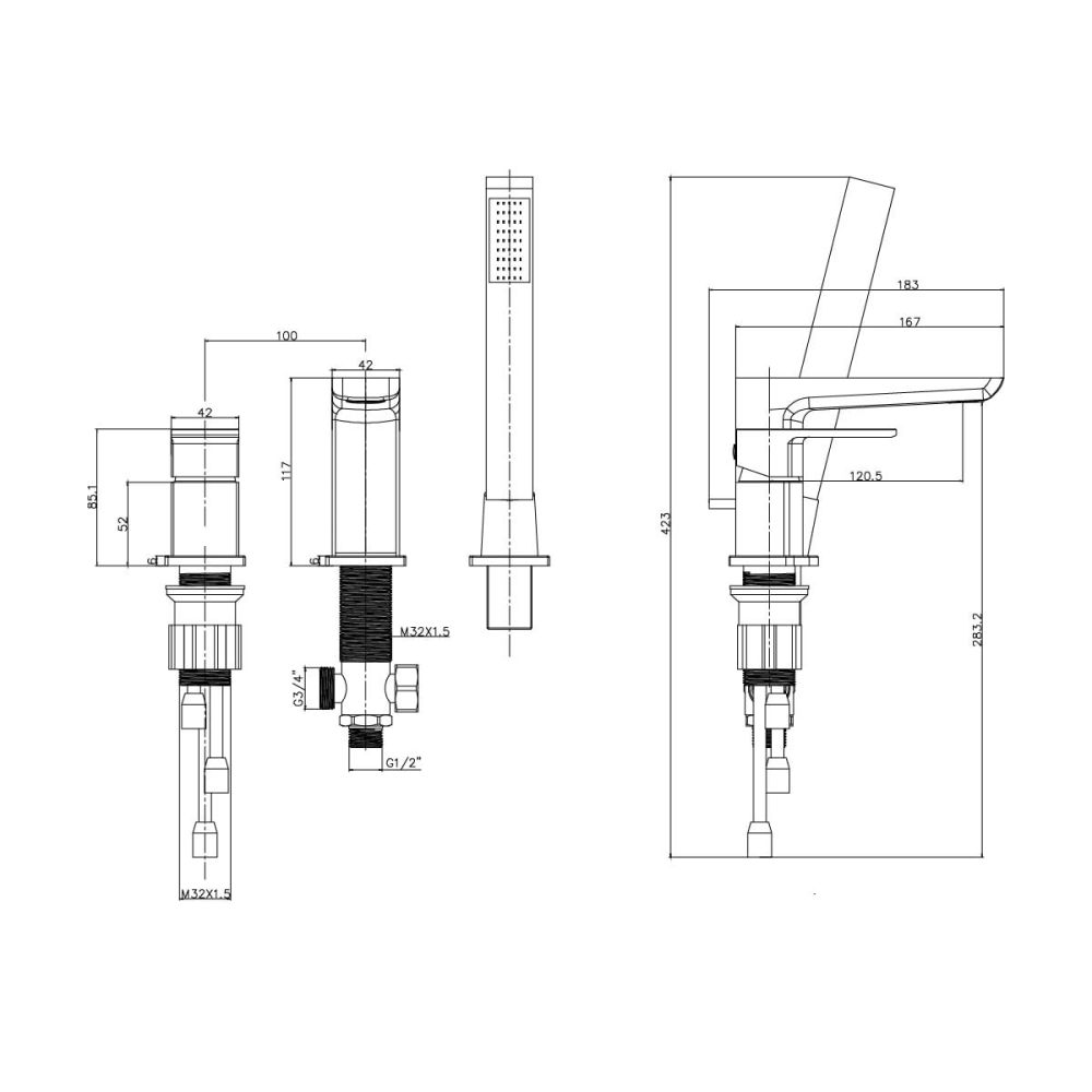 Zena Chrome 3 Hole Deck Mounted Bath Shower Mixer Tap