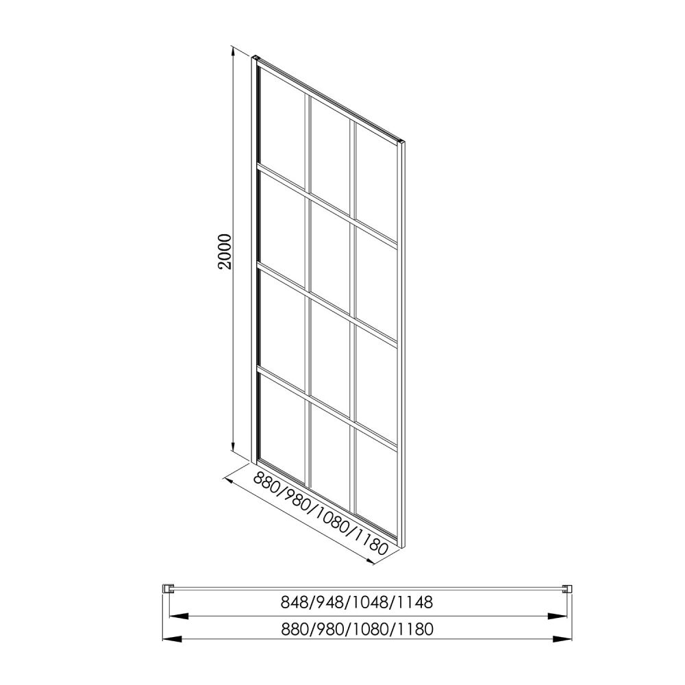 Amien Matt Black Grid Framed Shower Screen 1180mm Spec Drawing