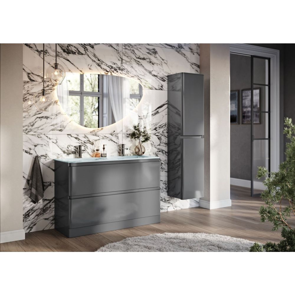 Neon Gloss Titanium Grey Floor Standing Vanity Unit with Opal Glass Basin 1200mm