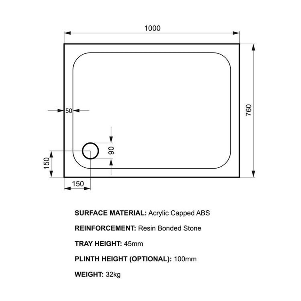 Kstone Rectangular Shower Tray 1000x760mm KS10076 Spec Drawing
