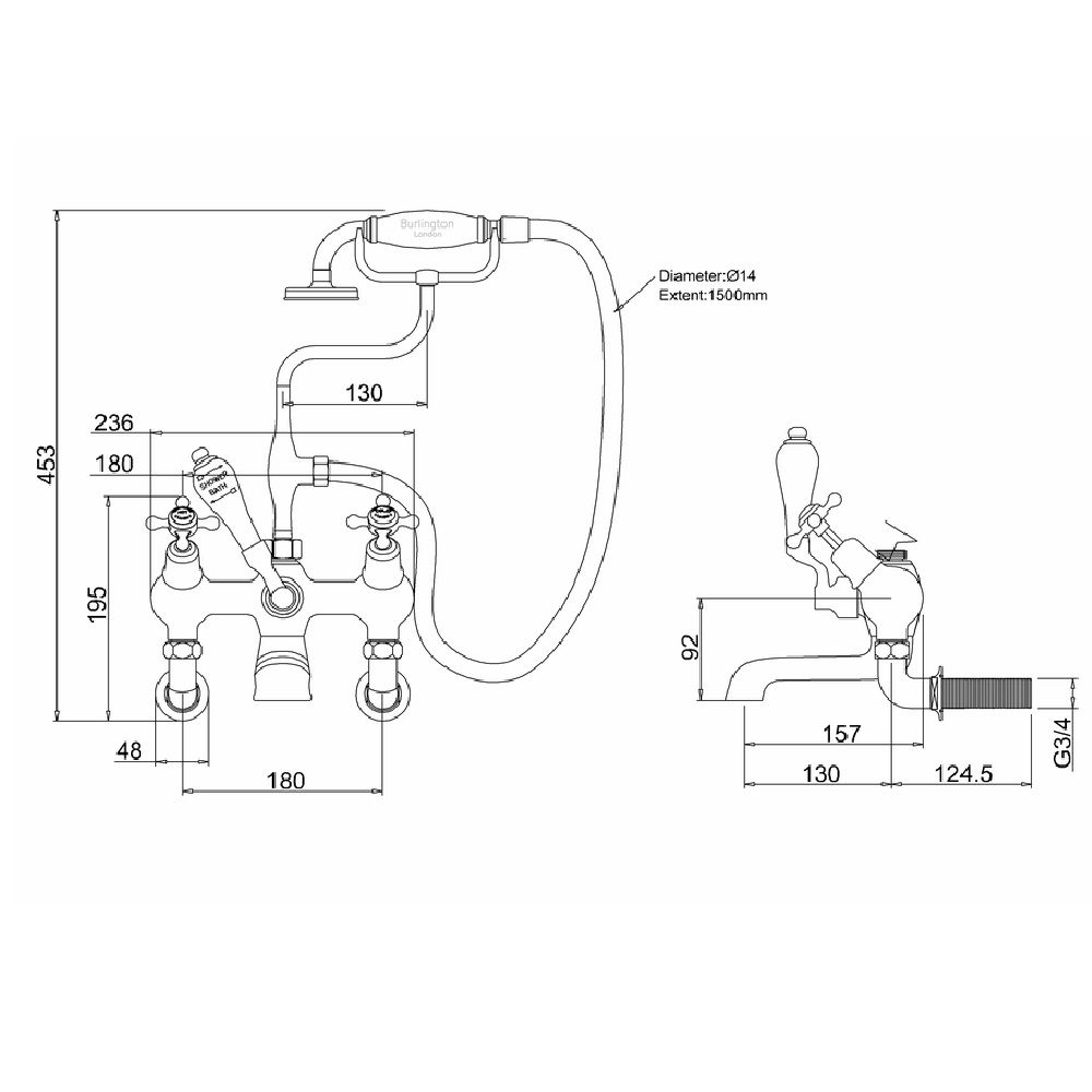 Burlington Claremont Chrome Wall Mounted Angled Bath Shower Mixer Tap with S Adjuster
