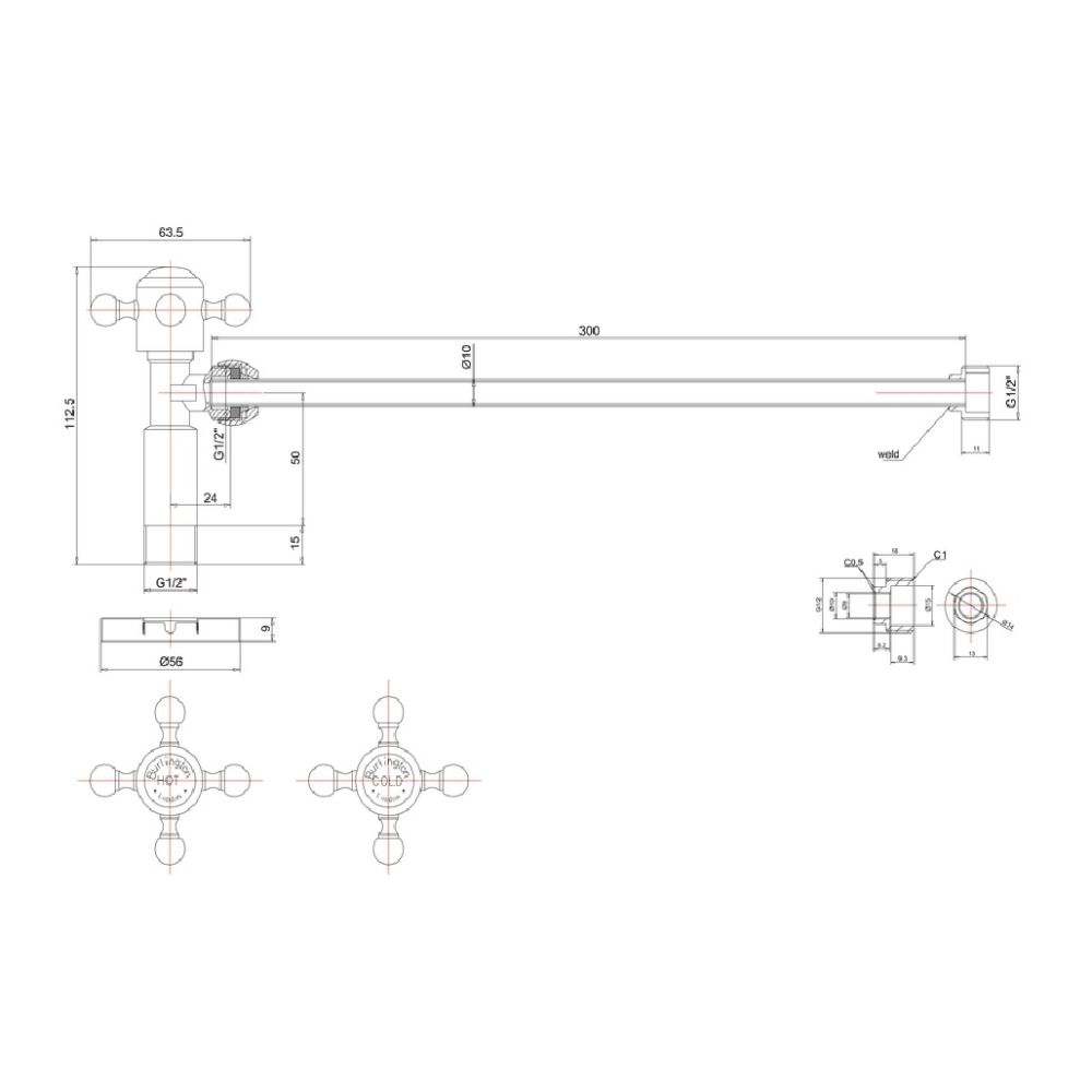 Burlington Chrome Basin Tap Shut Off Valves (Hot/Cold)