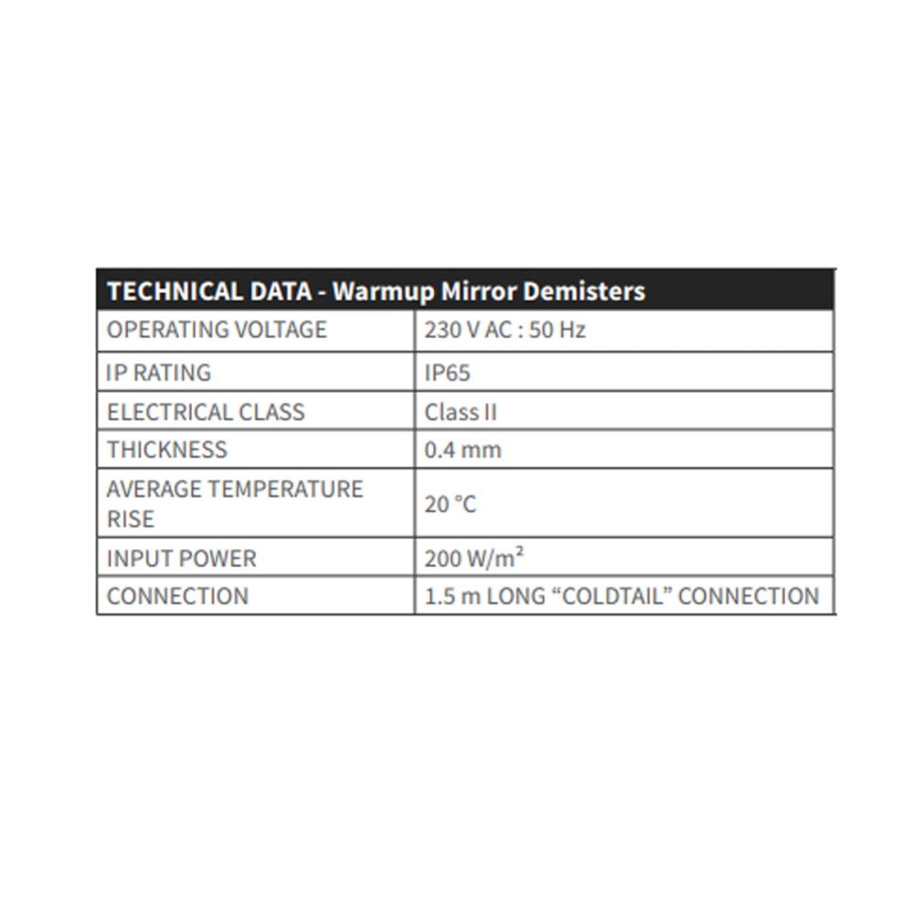 Warmup Mirror Demister Pad Technical Data