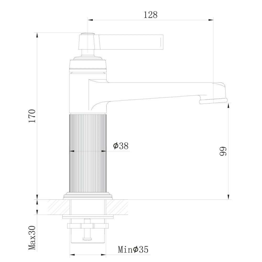 Downton Brushed Gold Ribbed Basin Tap Spec Drawing
