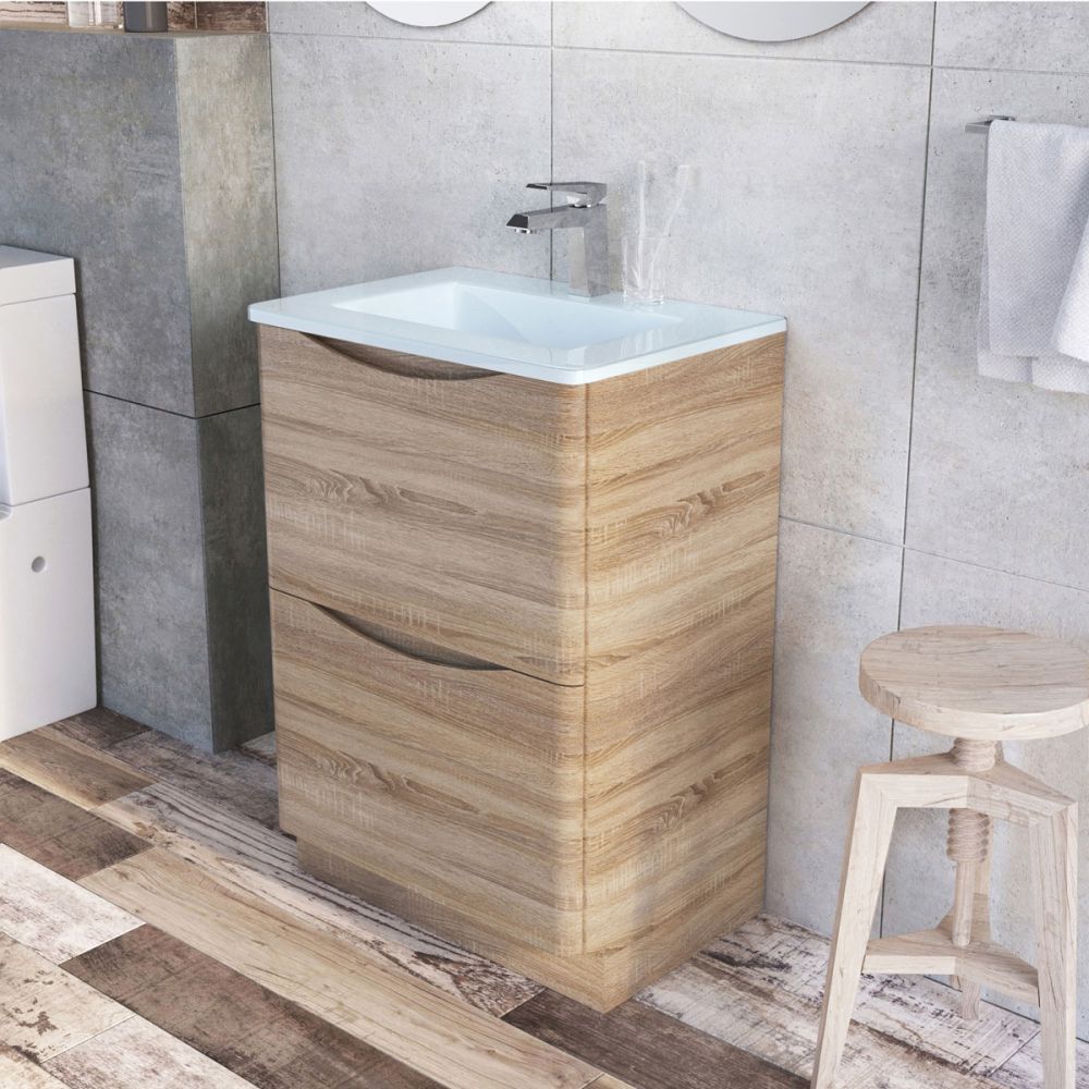 Erin Light Oak Floor Standing Vanity Unit with White Glass Basin 600mm