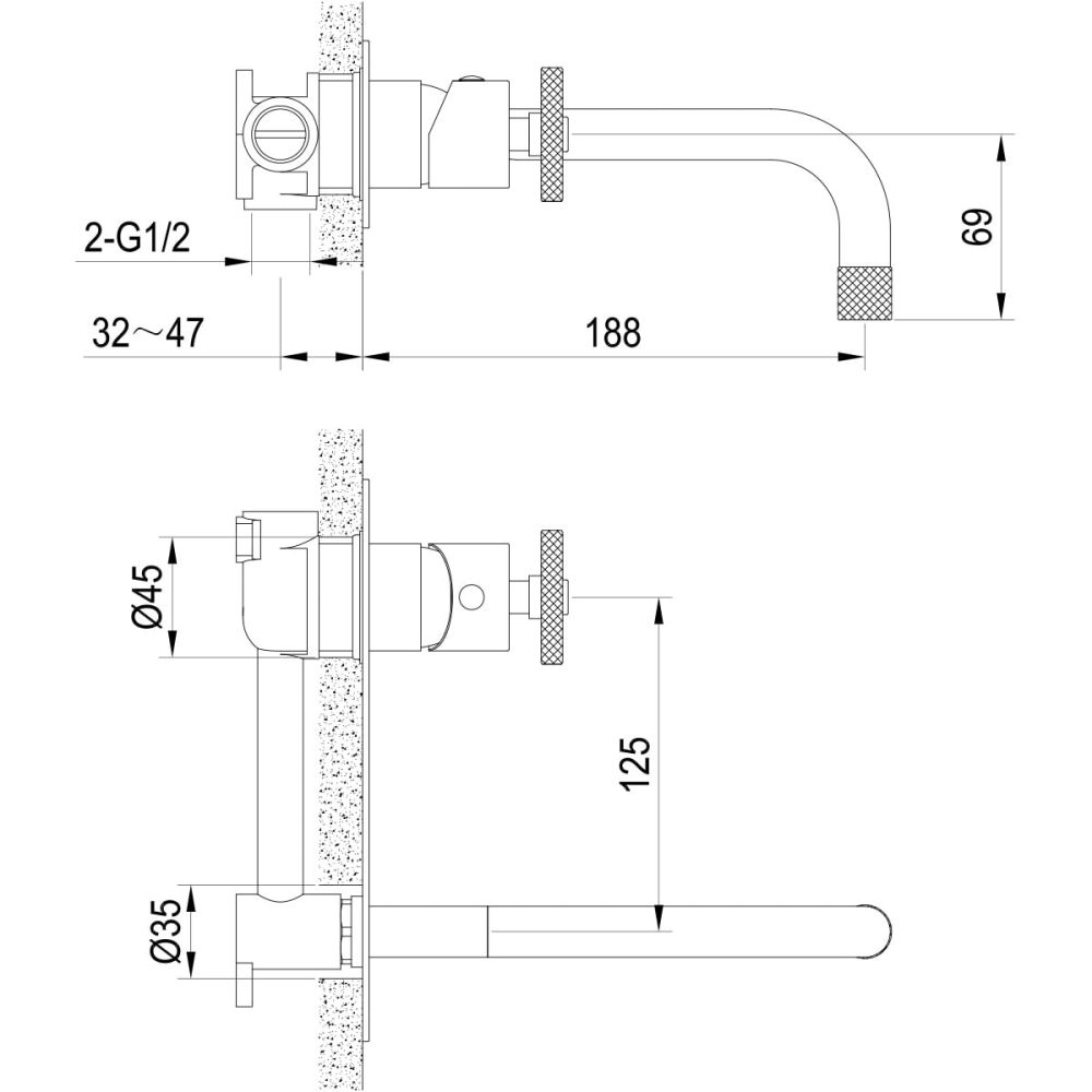 Urban Brushed Nickel Wall Mounted Basin Mixer Tap - dimensions
