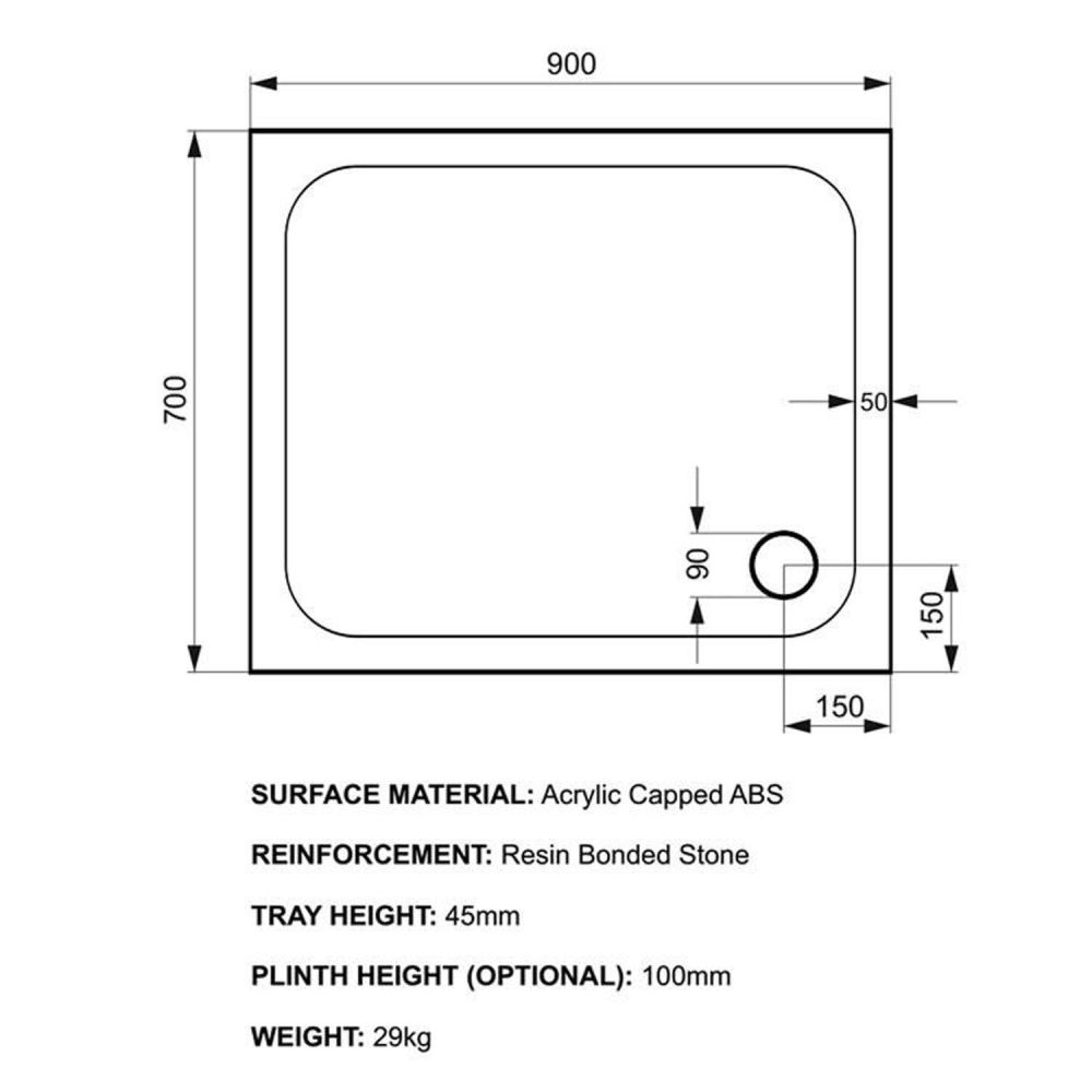 Kstone Rectangular Shower Tray 900x700mm Spec Drawing