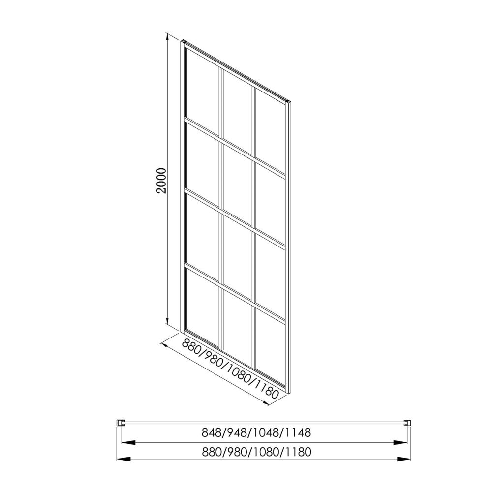 Amien Matt Black Grid Framed Shower Screen 980mm Spec Drawing