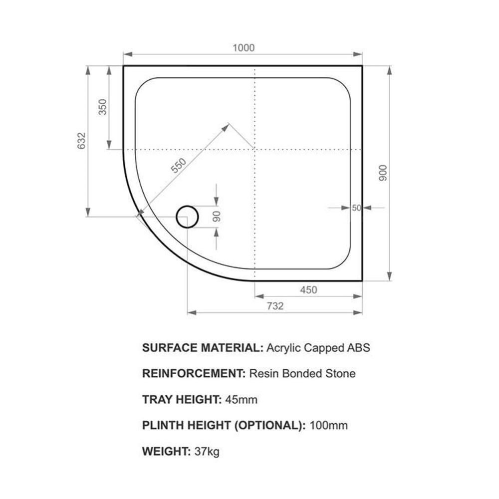 Kstone Right Hand Offset Quadrant Shower Tray 1000x900mm KSQ10090RH Spec Drawing