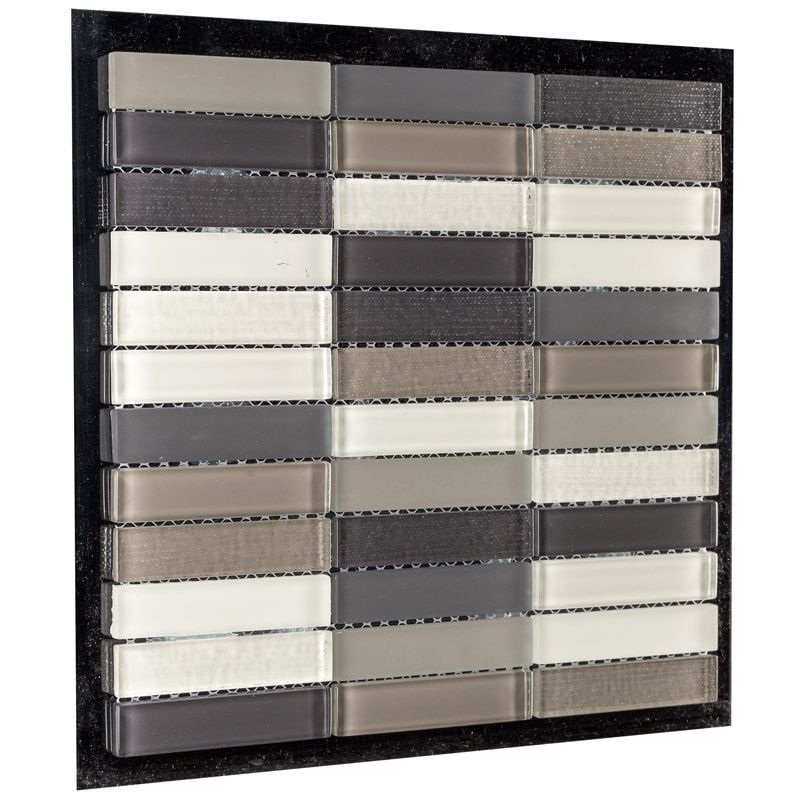 Front view of the Irene Eggshell Grey 300x300mm mosaic sheet featuring a 3-column arrangement of horizontal glass mini-bricks