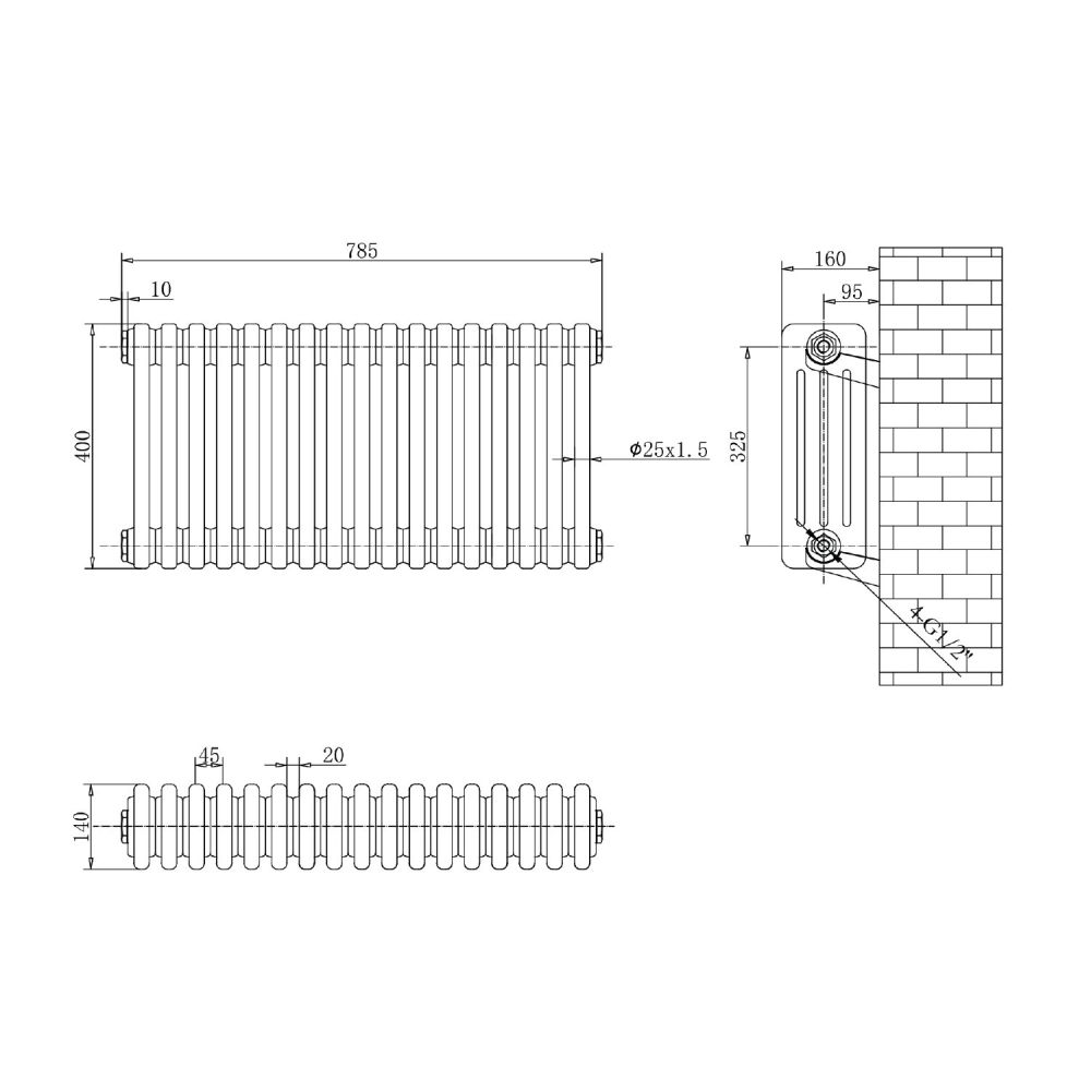 Upton White Quadruple Horizontal Column Radiator - 400x785mm