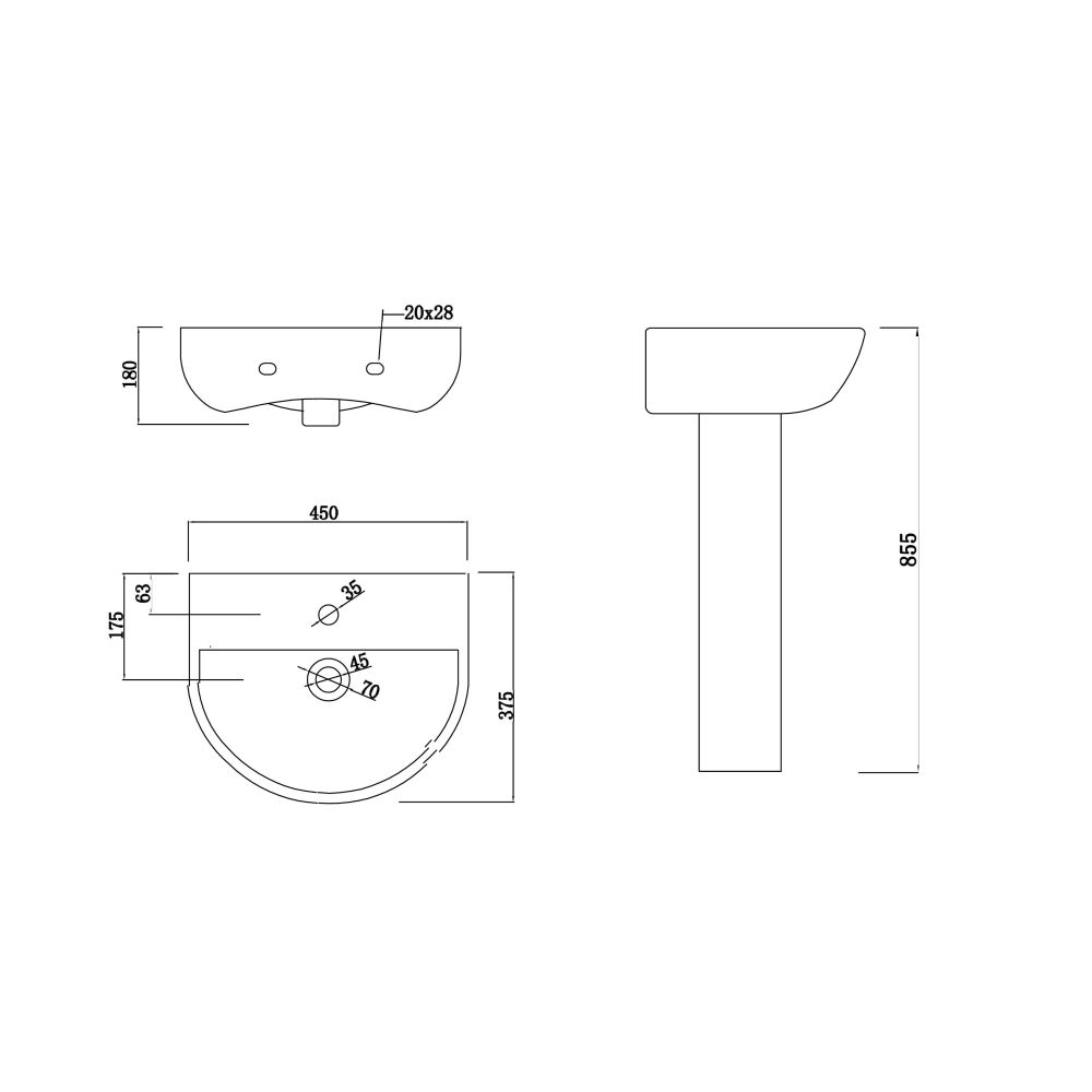 Porter Full Pedestal Basin Spec Drawing