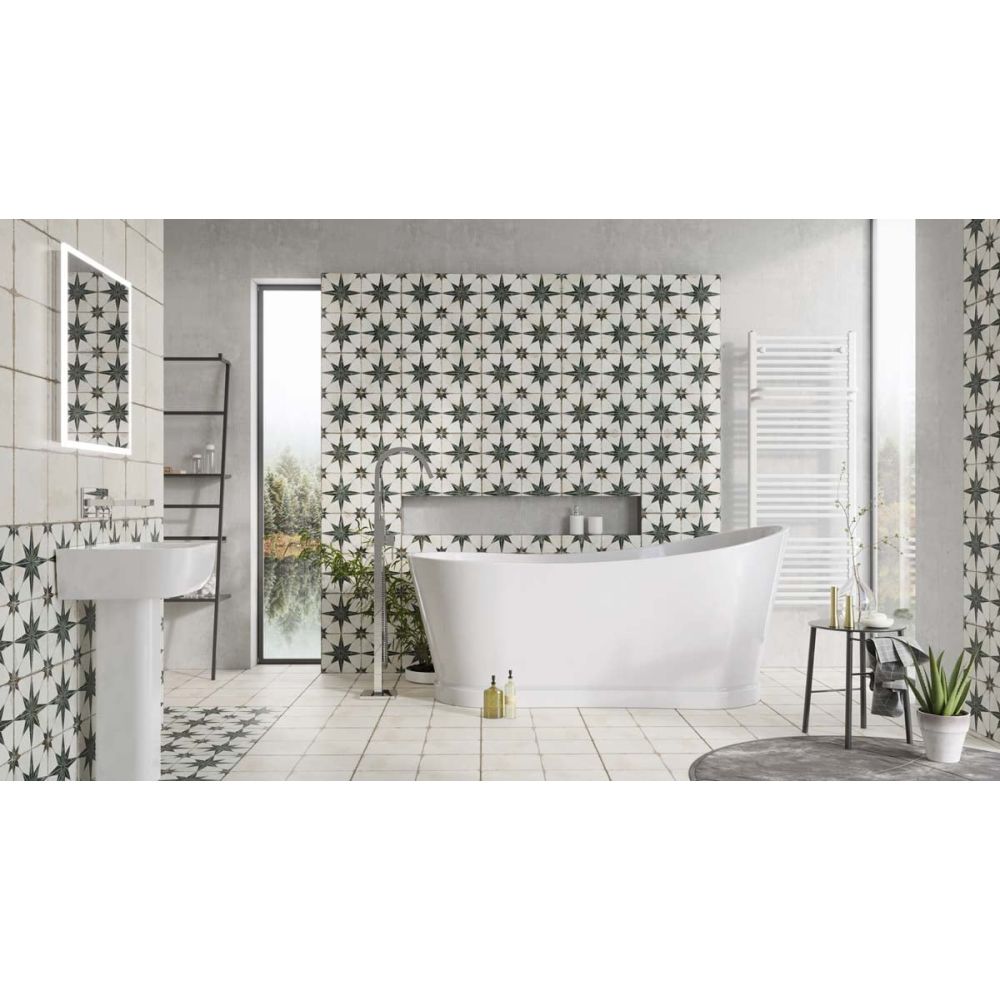 Modern lifestyle image of the Tadeo Freestanding Acrylic Bath 1720x790mm side profile