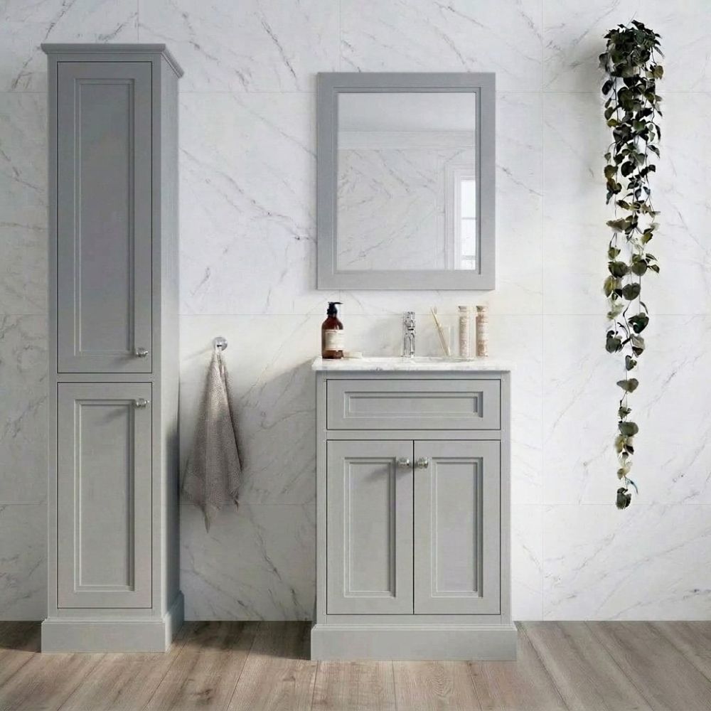 White marble bathroom readitionally styled, featuring the Richmond Light Grey Floor Standing Traditional Vanity Unit with White Marble Top 600mm
