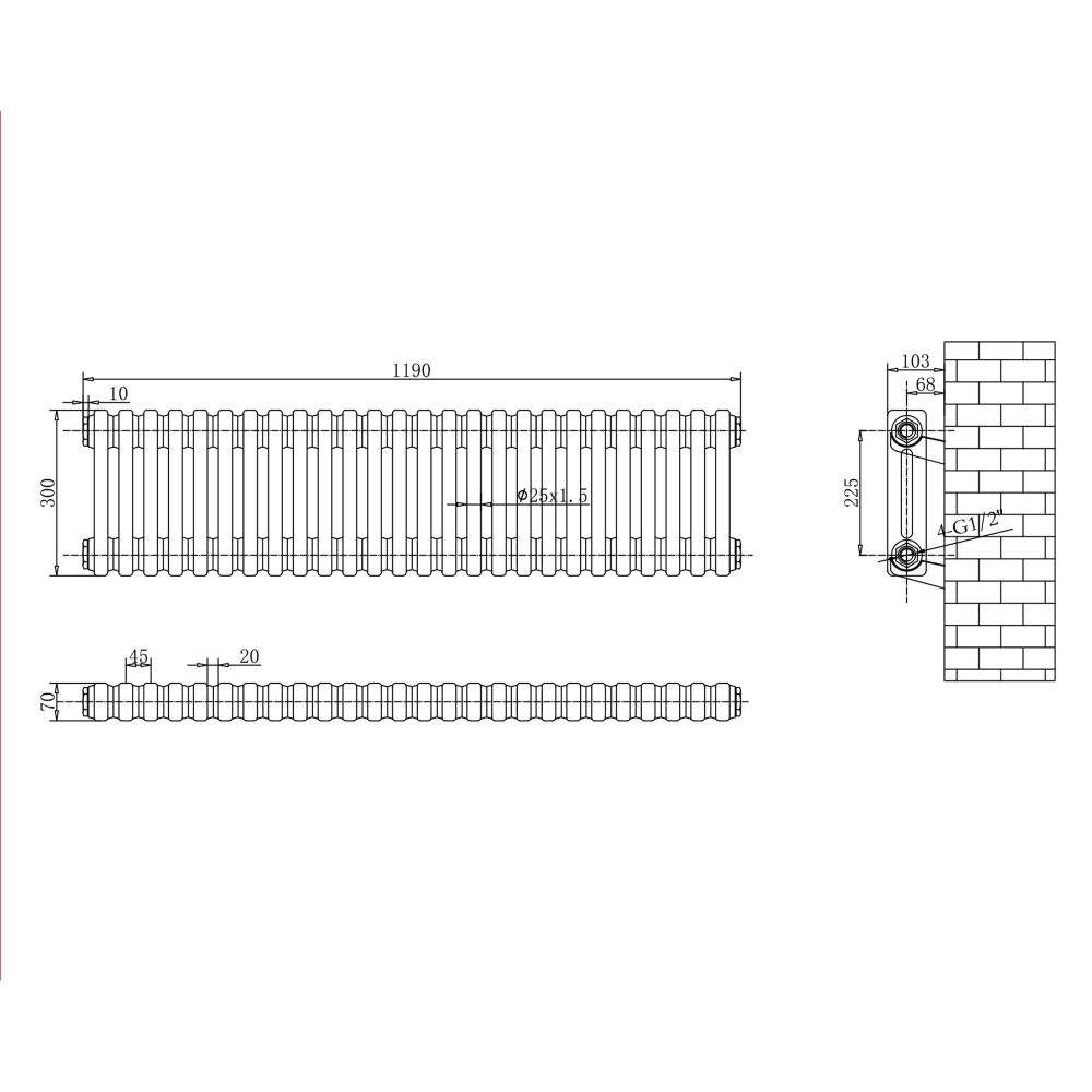 Upton White Double Horizontal Column Radiator 300x1190mm