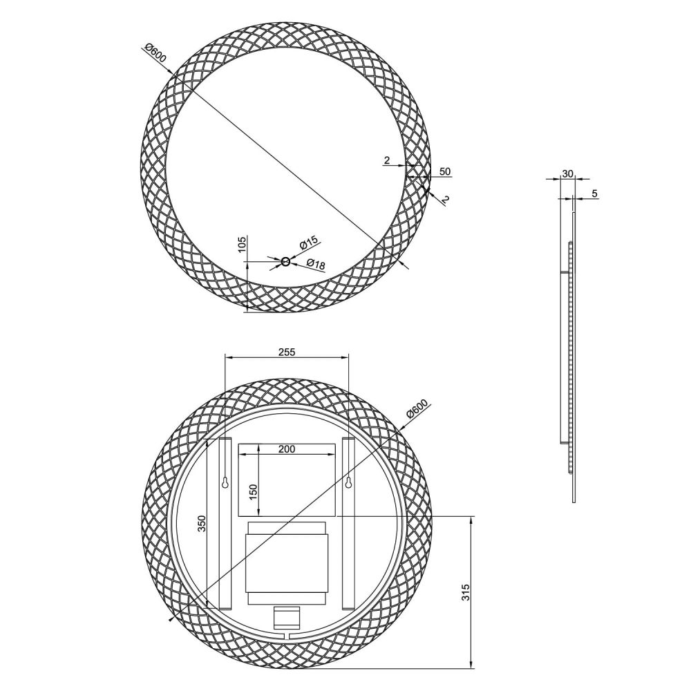 Crystal Round Circle Illuminated LED Heated Bathroom Mirror 600x600mm Technical Dimension Drawing