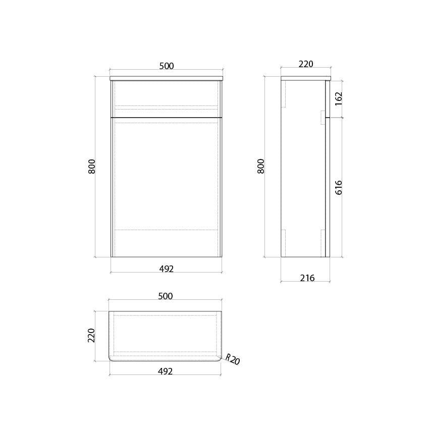 Liora Ribbed Matt White WC unit 500mm Spec Drawing