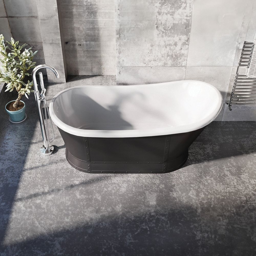 Hoff Matt Black Industrial Freestanding Acrylic Bath 1676x780mm - Roomset