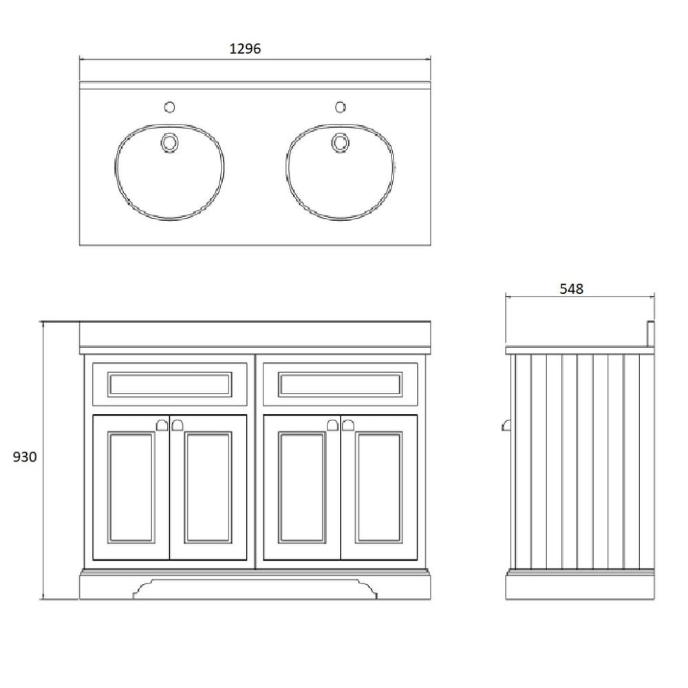 Technical drawing of a Traditional white freestanding vanity unit
