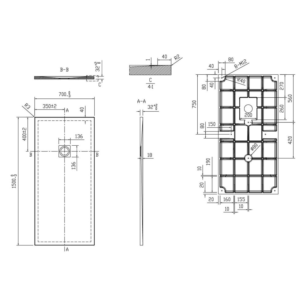 Peoria Slate Effect Rectangle Shower Tray 1500x700mm Technical Drawing