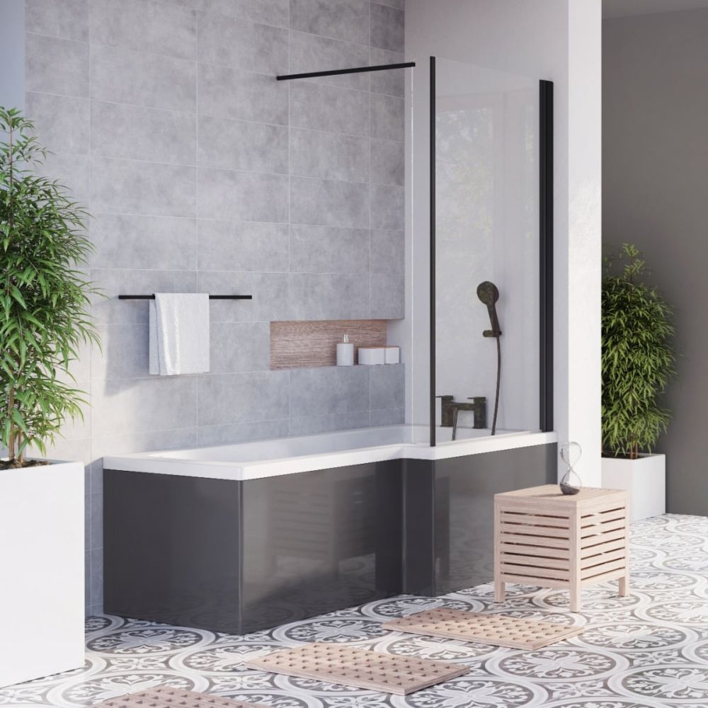 Lorenz Right Hand L-Shape Shower Bath 1700x820mm pictured with a sleek grey gloss bath panel