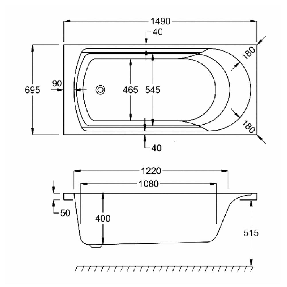Carron Arc Single Ended Carronite Bath 1500x700mm dimensions