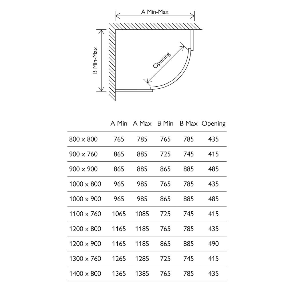 Fabio Sliding Shower Door Quadrant Spec Drawing