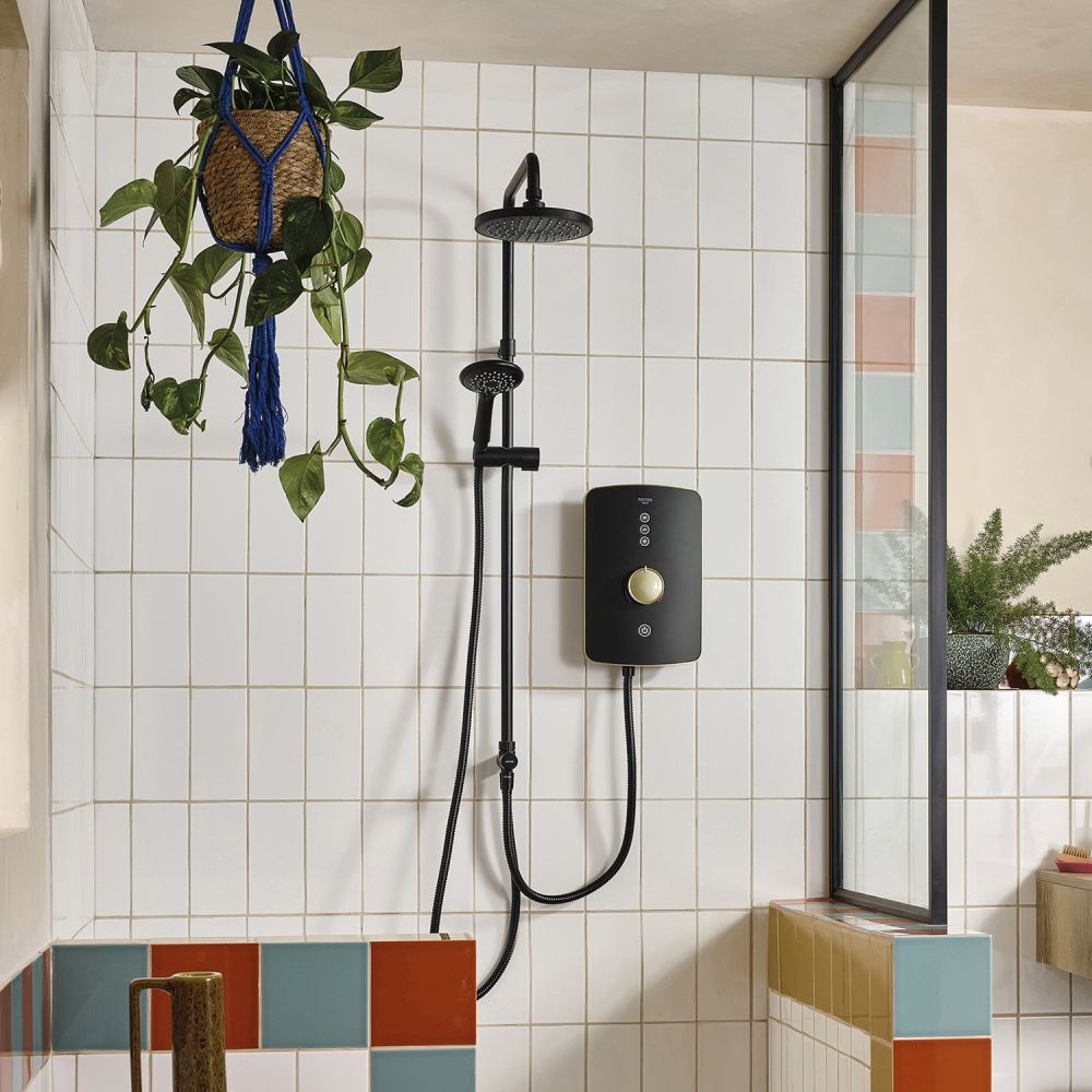 Triton Amala DuElec Matt Black Electric Shower, 9.5kw - Brushed Brass Lifestyle