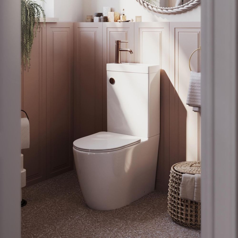 Joane Back to Wall Rimless 2-in-1 Combination Toilet & Basin with Bronze Push Button