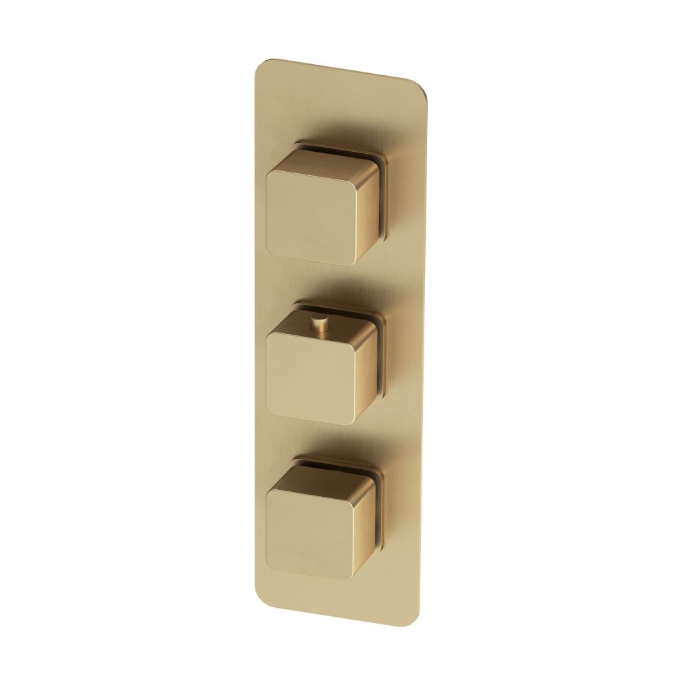 Brushed Gold Triple Square Concealed Thermostatic Shower Valve With Dual Outlet
