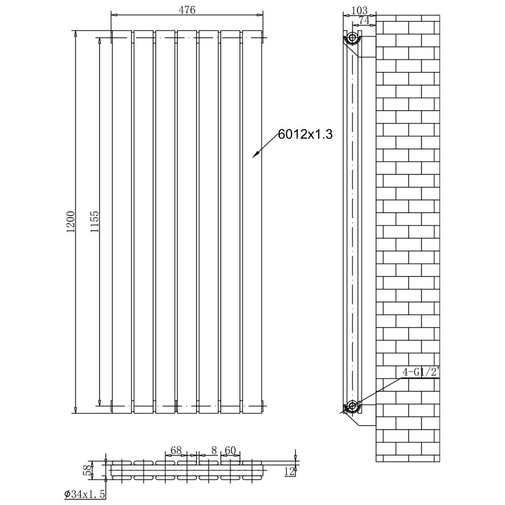 Perth Matt Black Double Vertical Flat Panel Radiator 1200x476mm