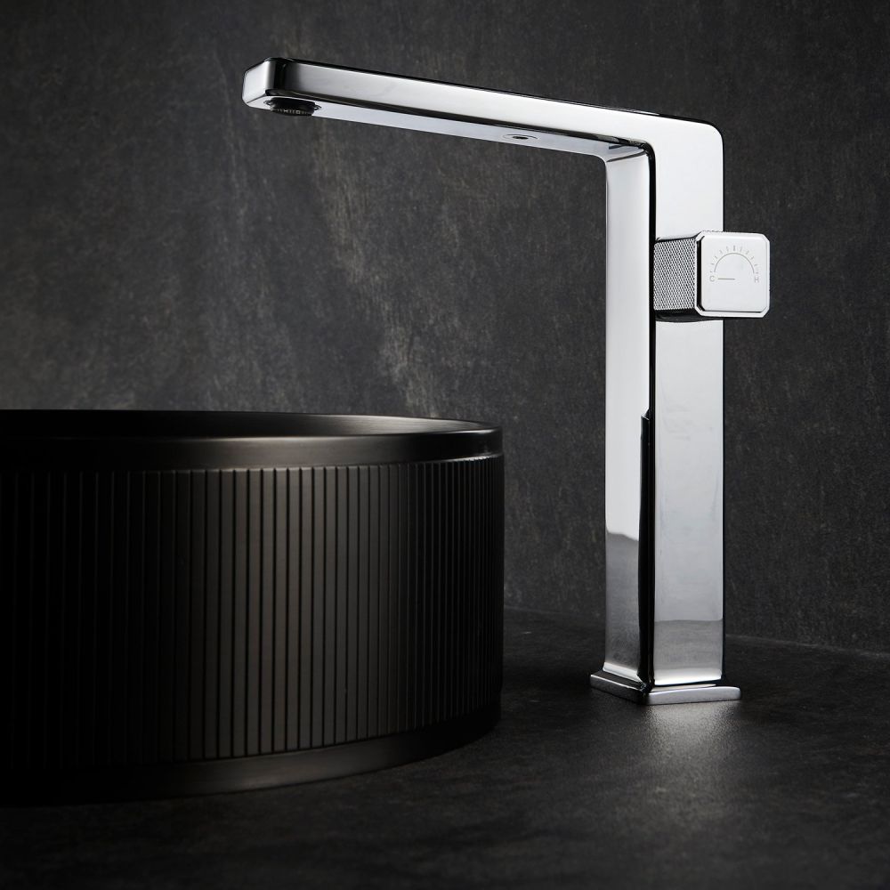 Dark and dramatic roomset showing the Flint Chrome Tall Basin Mono Tap
