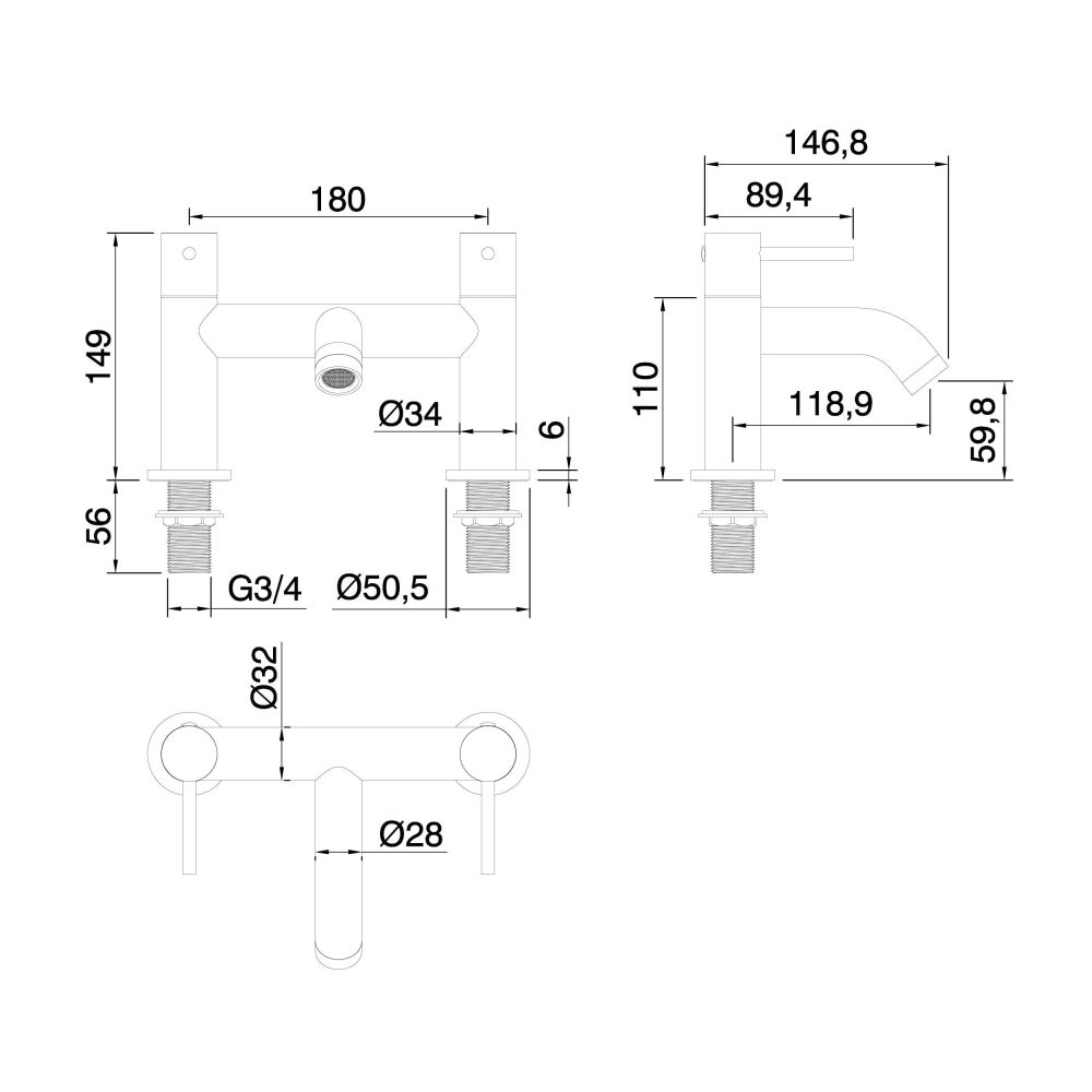 Elora Chrome Bath Filler Tap Spec Drawing