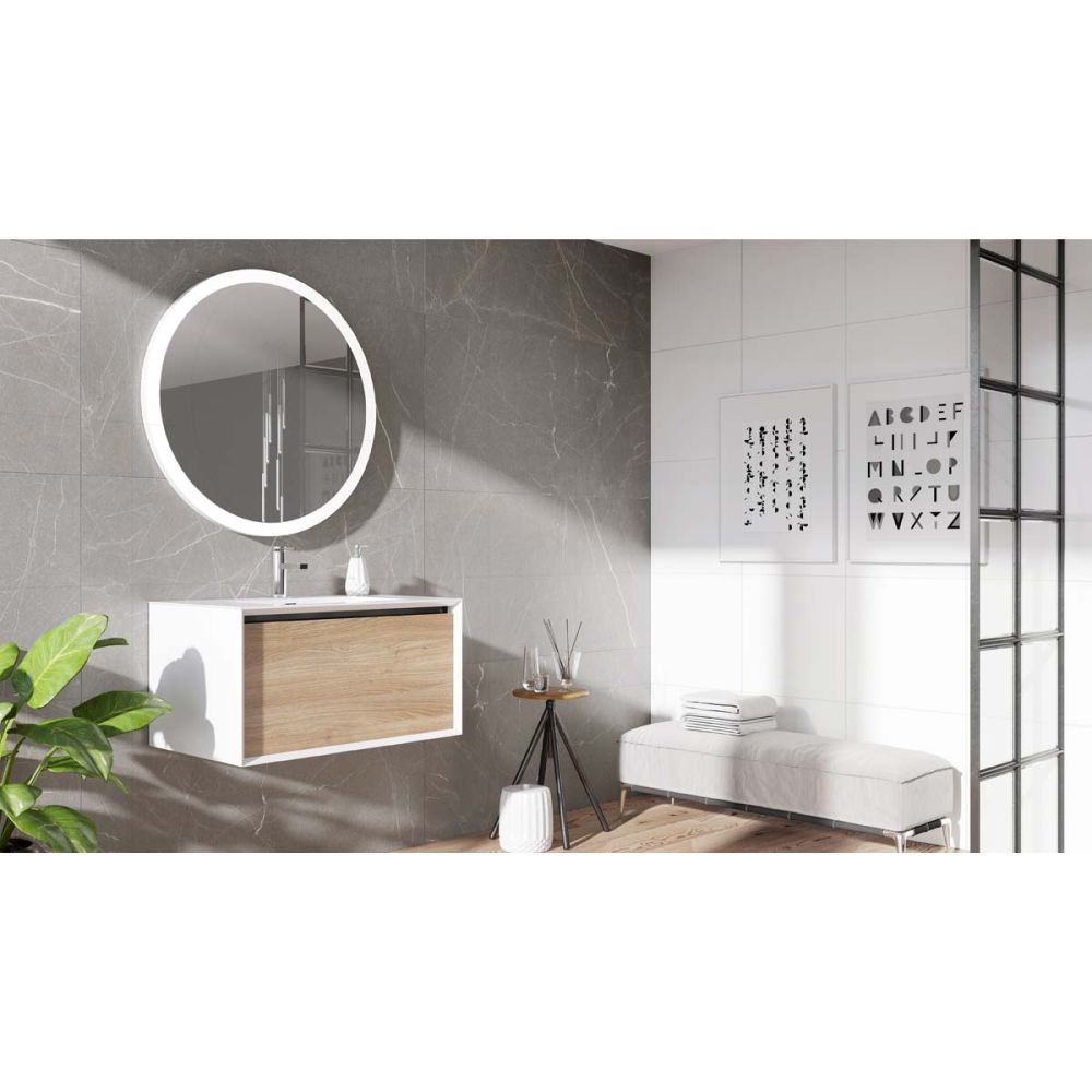 Roomset image showing the Snowdon White and Oak Wall Hung Vanity Unit with White Basin 750mm