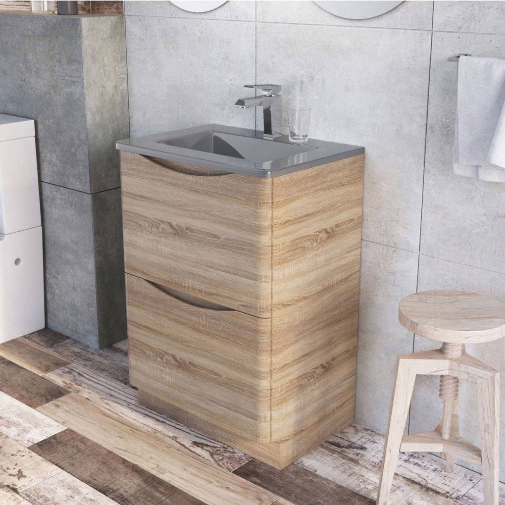Erin Light Oak Floor Standing Vanity Unit with Grey Glass Basin 600mm