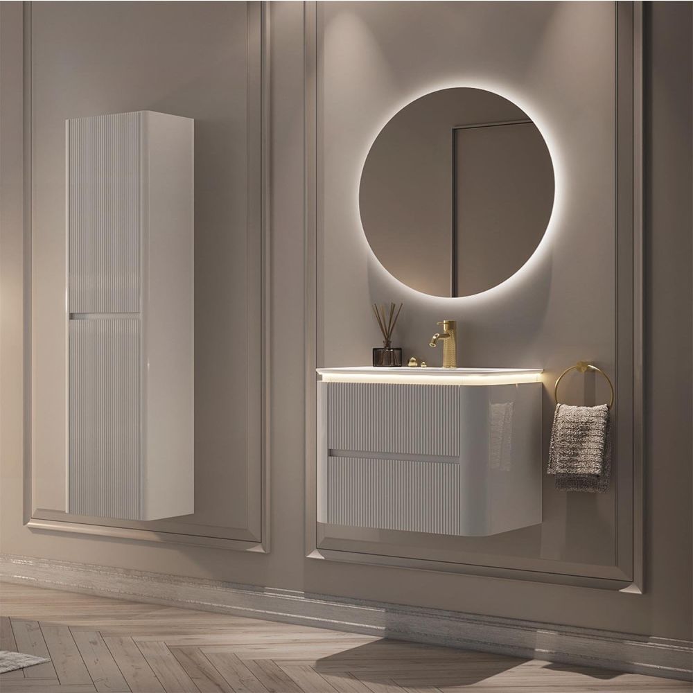 Liora White Ribbed Wall Hung Vanity Unit with Basin & LED Light Strip - 600mm