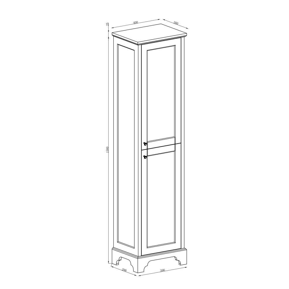 Technical drawing of a traditional matt white floor standing tall storage unit with dimensions